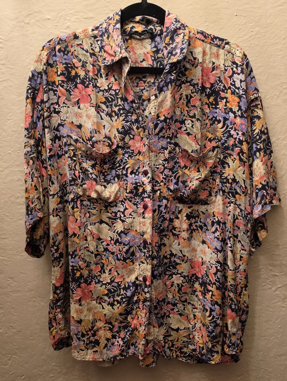 Vintage 90s Y2K Dark Floral Button Up Shirt Oversized Grunge Boho 24" P2P
